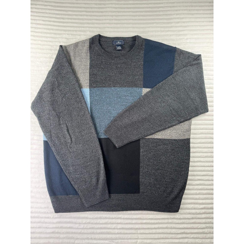 Dockers Mens XL Gray Blue Colorblock Patchwork Crewneck Acrylic Knit Sweater